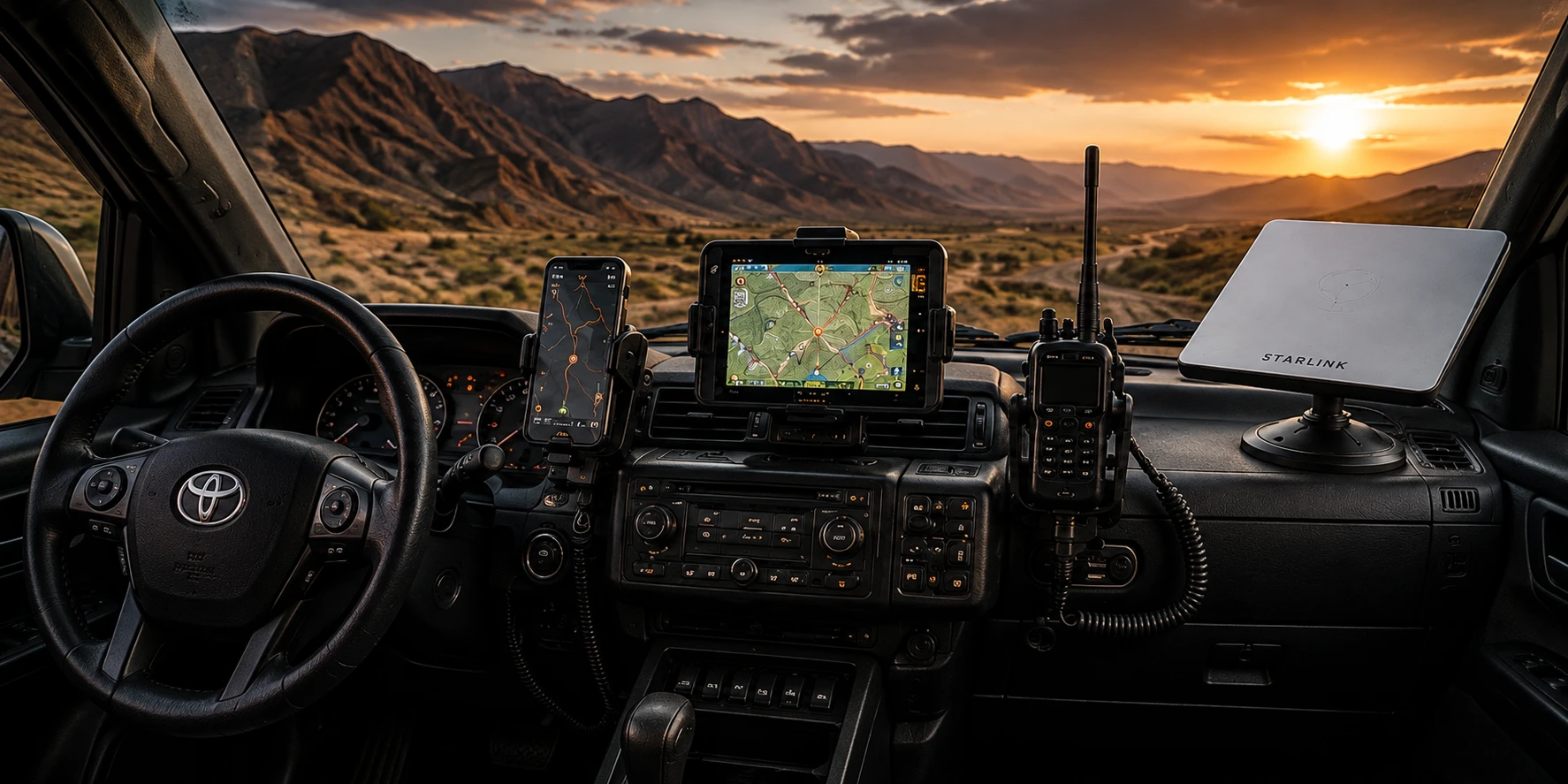 Dashboard met telefoon, tablet, portofoon en Starlink bij zonsondergang